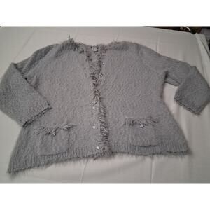 Fuzzy Soft Fringe Sweater Cardigan Gray Pockets Metallic Plus Size 16 Holiday